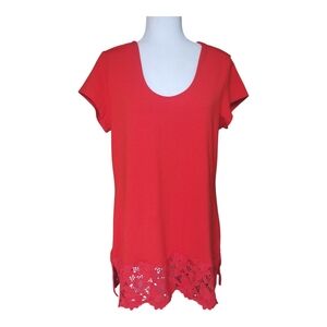 Isaac Mizrahi Scarlet Short Sleeve Tee with Lace Detail